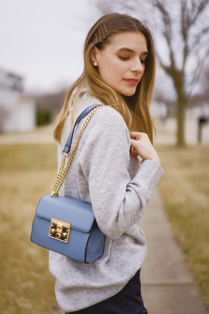 Mellow World Vegan Leather Crossbody Bag in blue, Chain Strap Push Lock Closure 