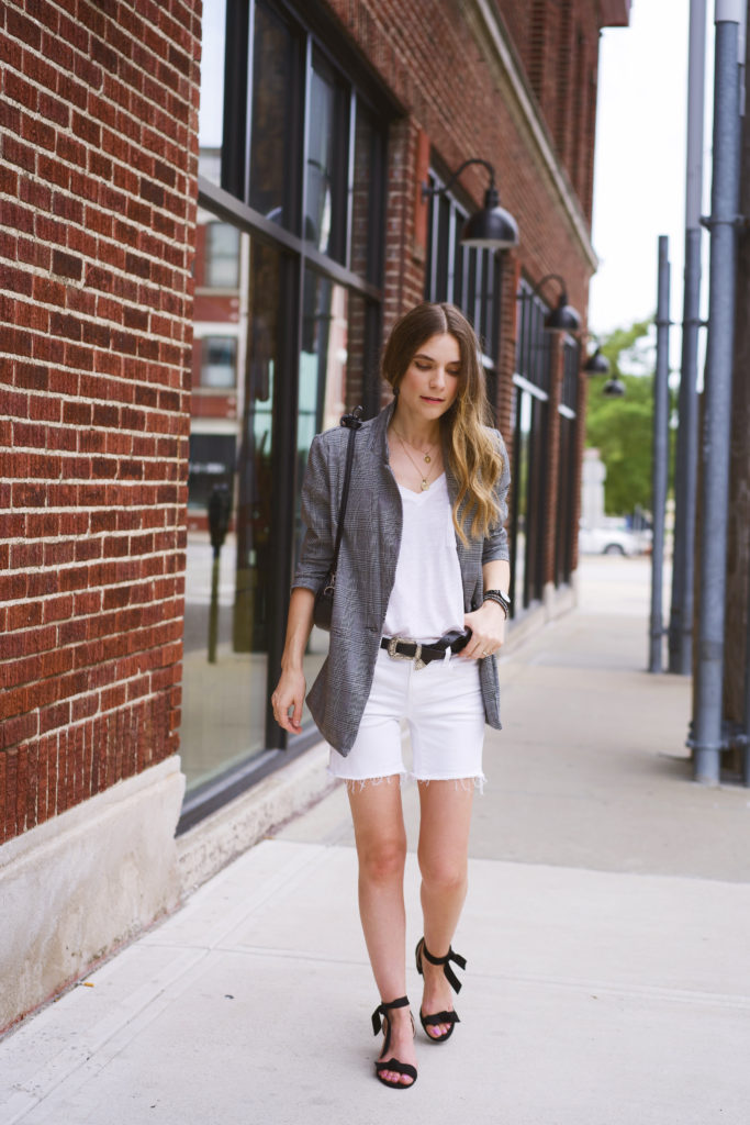 Gray oversized blazer with white shorts 