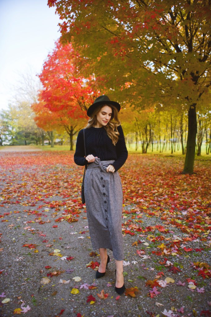 gray midi button front skirt 