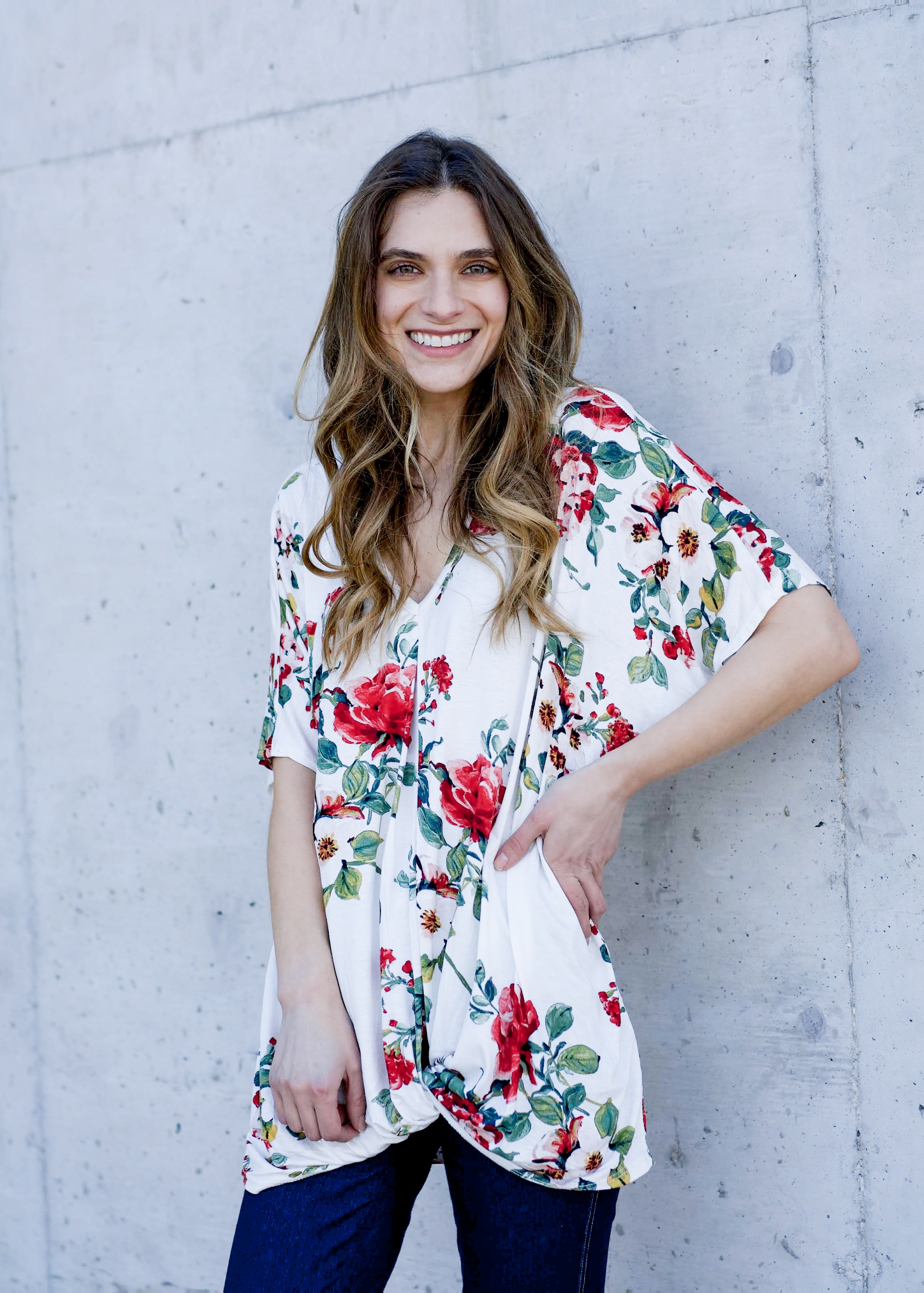 Red and white floral top