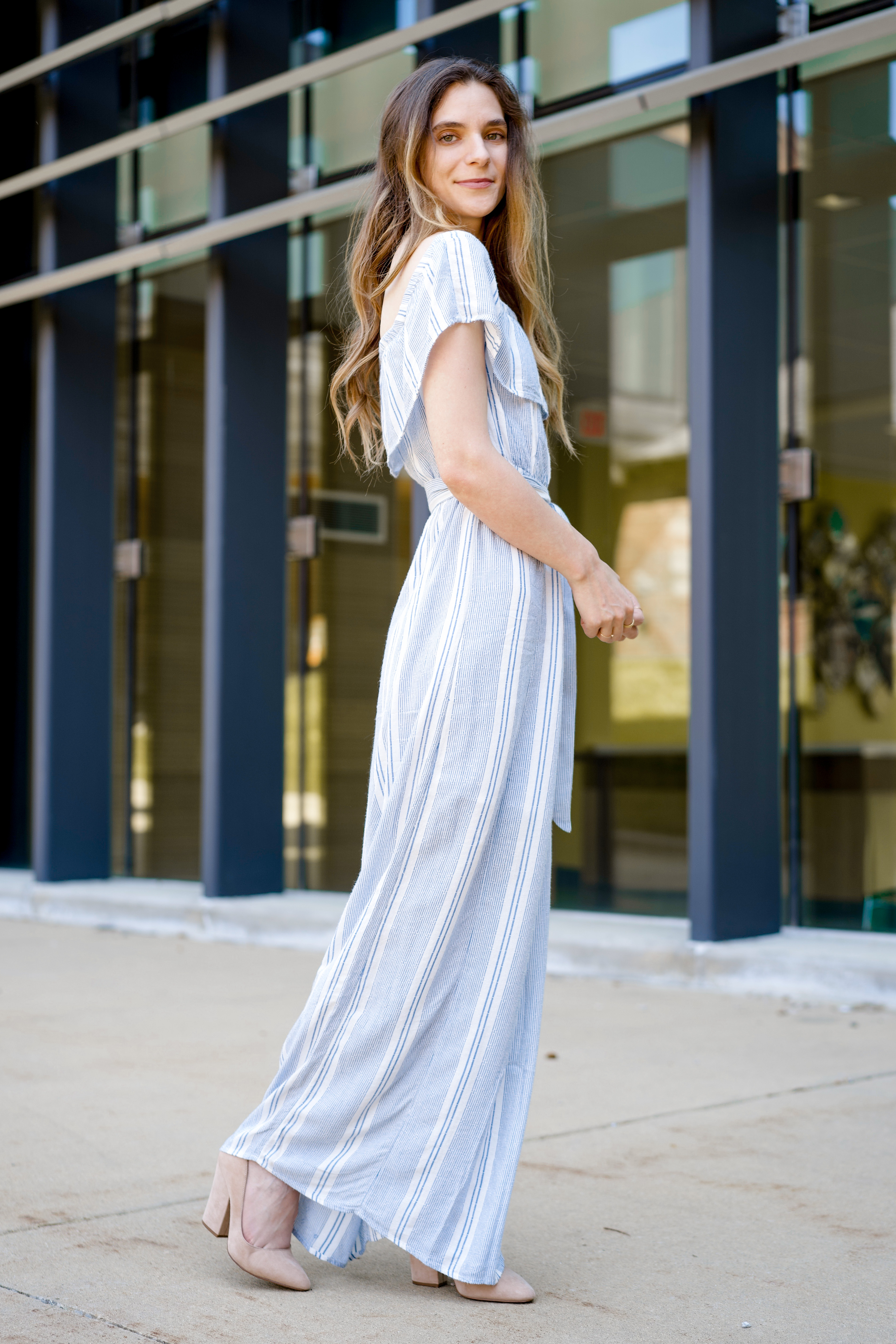 Women's white and blue striped off-the-shoulder maxi dress