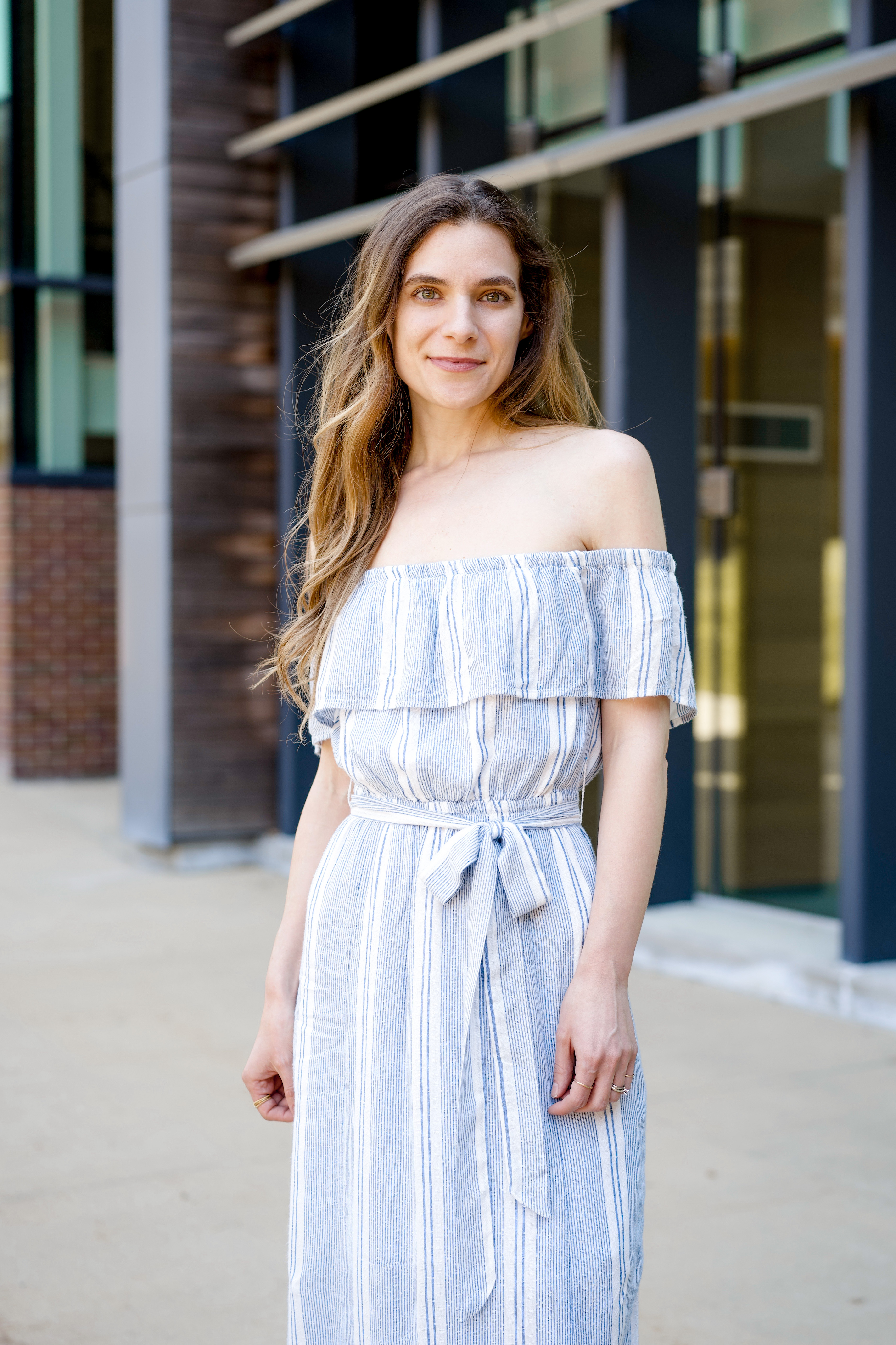 Women's white and blue striped off-the-shoulder maxi dress