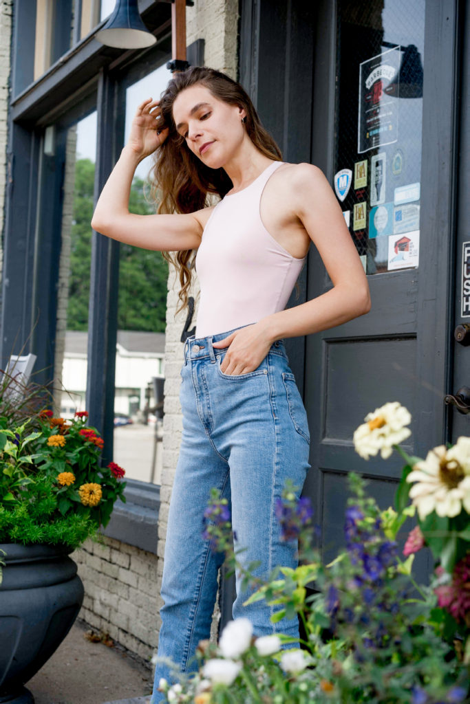 Woman's pink high neck bodysuit