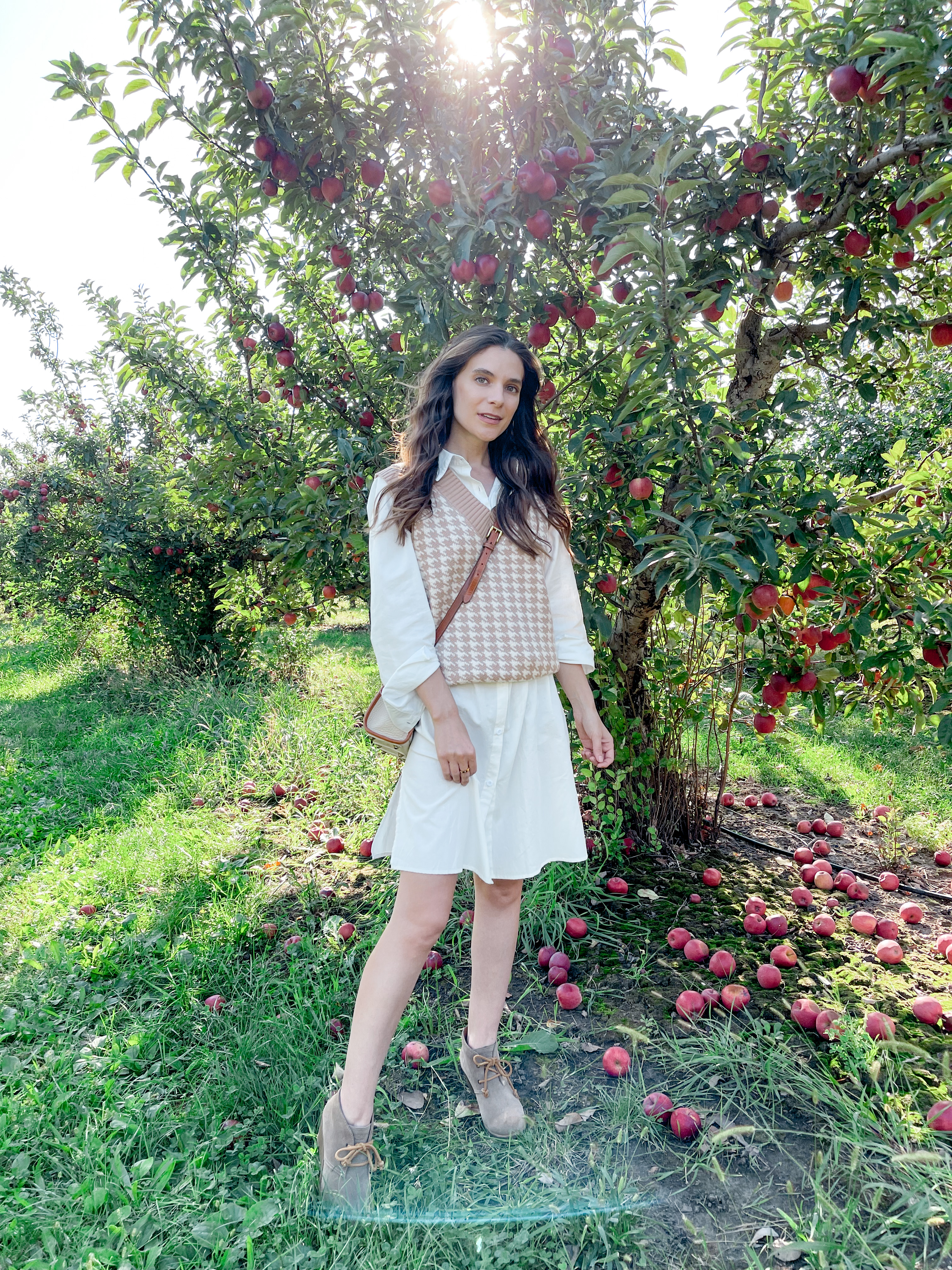 Cream sweater vest over a white shirt dress 