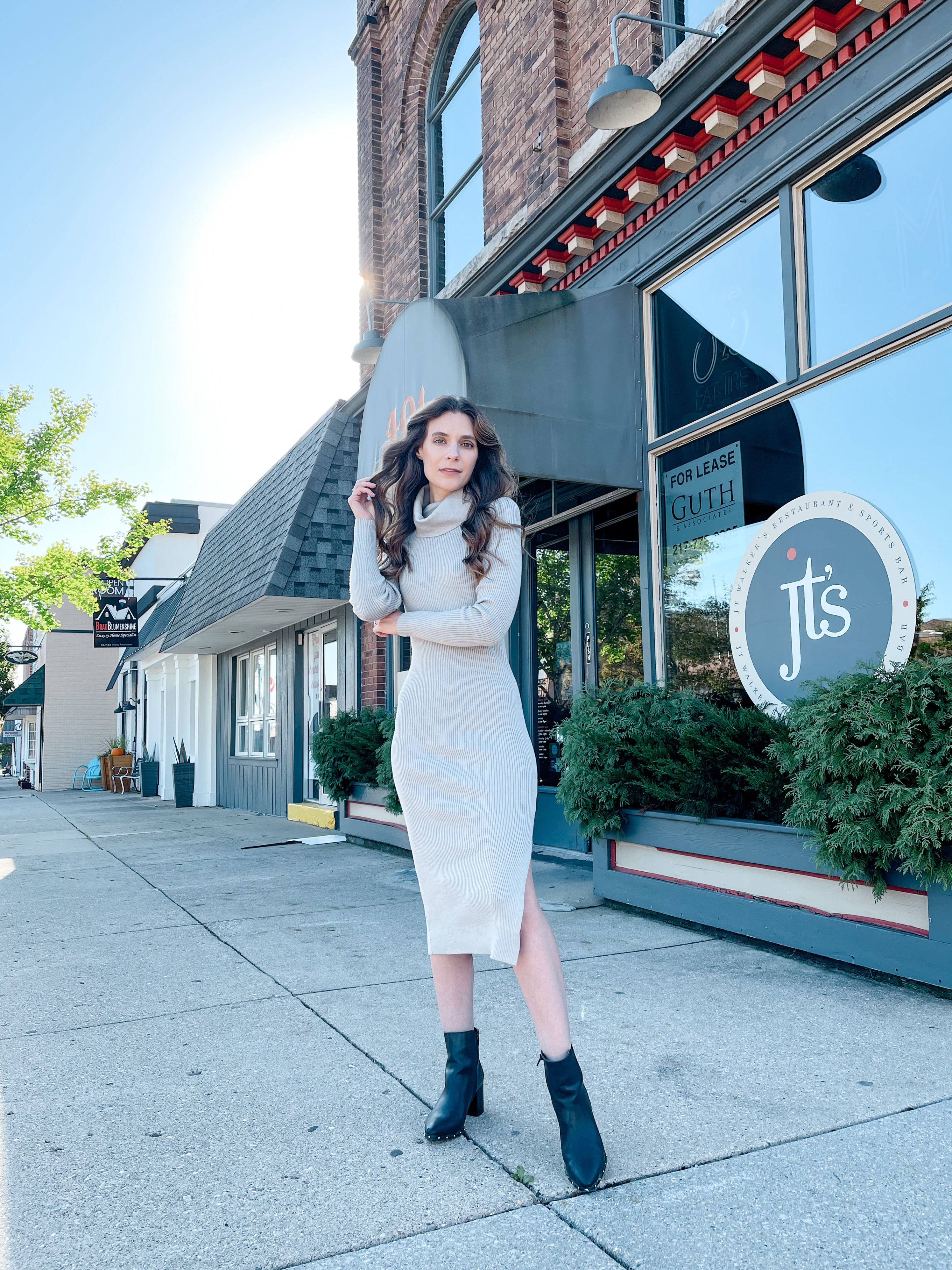 Gray turtleneck side slit sweater dress 